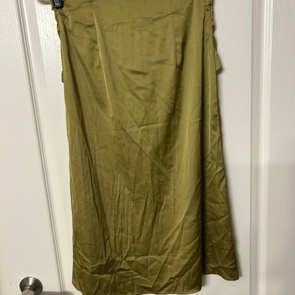 Olive Green Satin Ruched Midi Skirt